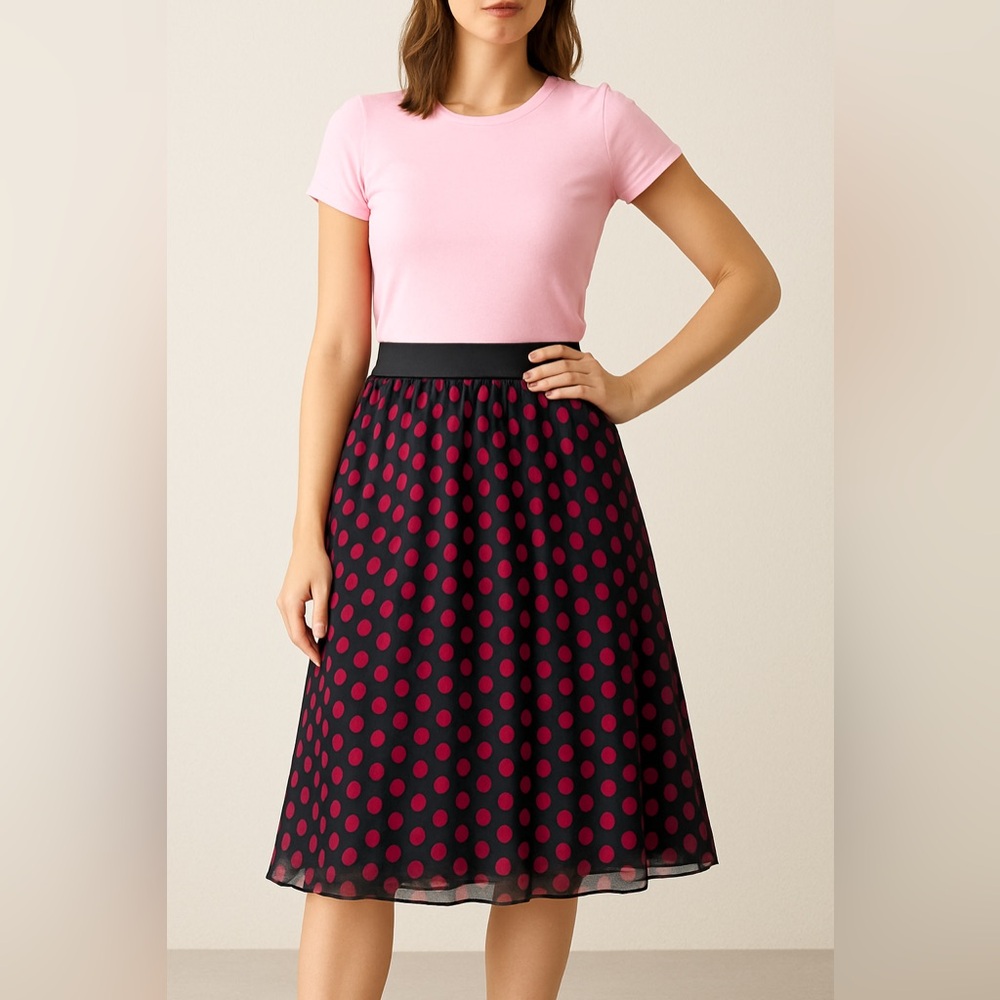 She’s Cool Pleated Polka Dot Skirt 1X Purple Pink Chiffon Midi Elastic Waist - Picture 3 of 13